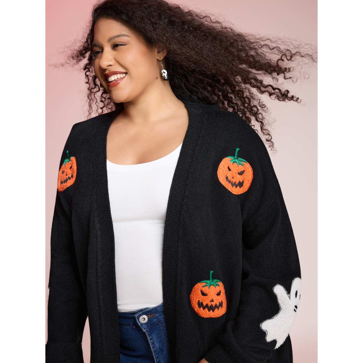Plus Size Pumpkin Ghost Embroidery Open Cardigan Black Women Playful Loose Long Sleeve Casual Cardigans BloomChic 14-16/1X Product Image