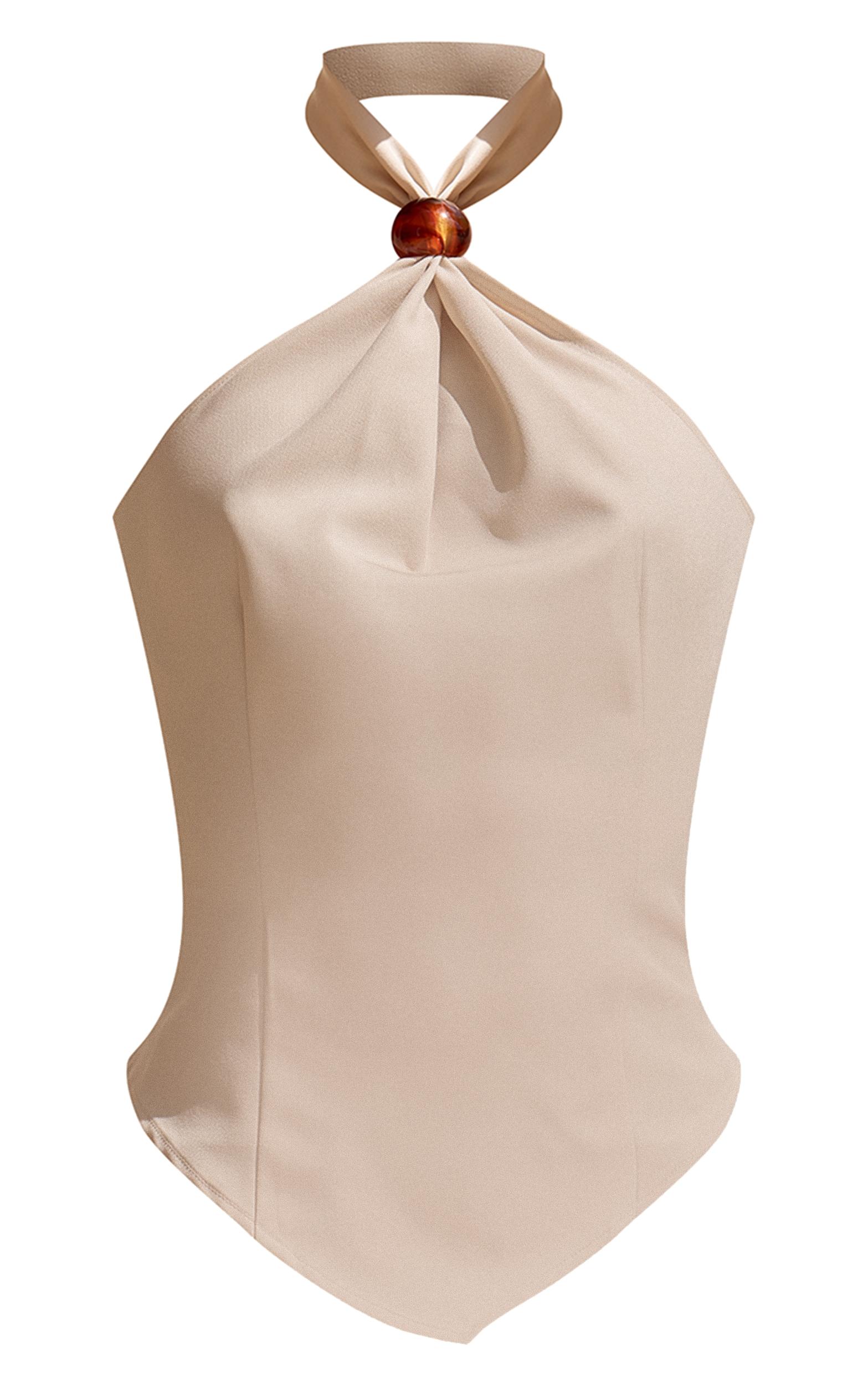 Ecru Bead Detail Woven Halterneck Top Product Image