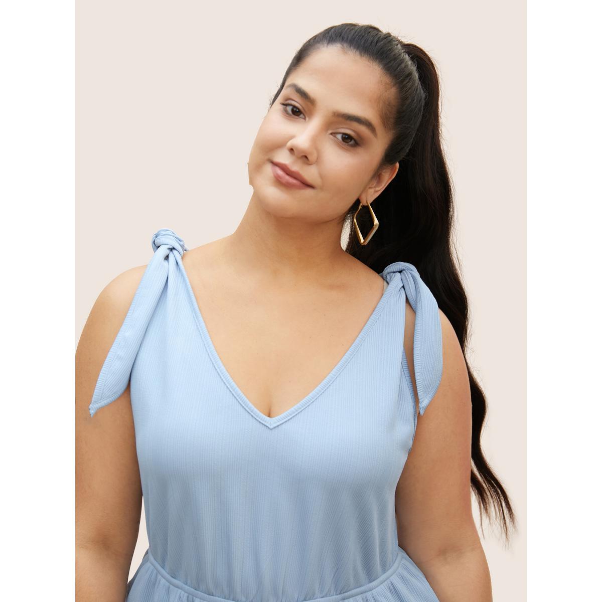 Plus Size LightBlue Solid Tie Knot Pit Strip Jumpsuit Women Casual Sleeveless V-neck Everyday Loose Jumpsuits BloomChic 14-16/1X Product Image