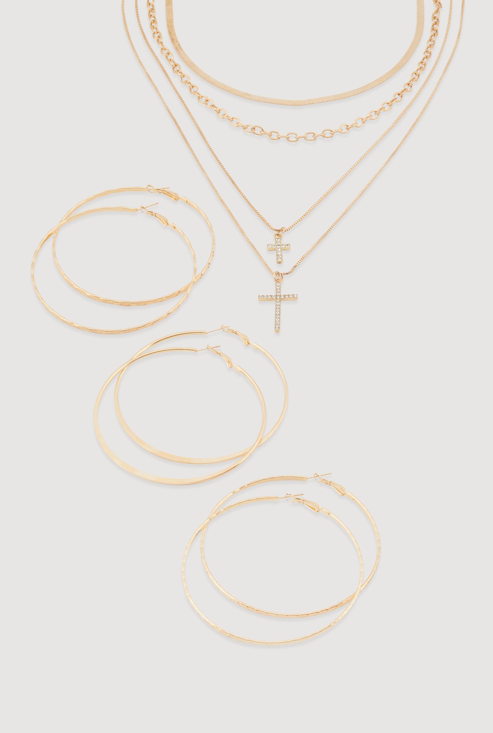 Cross Layered Necklace with Hoop Earring Trio Unisex Product Image