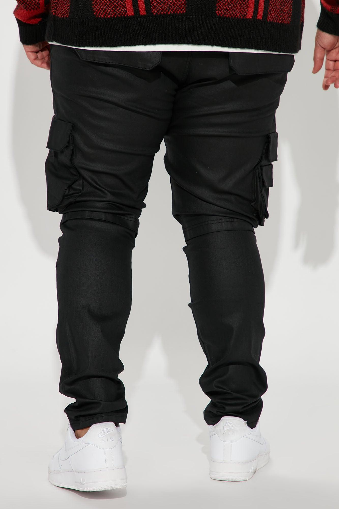 Flap Pockets Waxed Stacked Skinny Cargo Jeans - Black Product Image