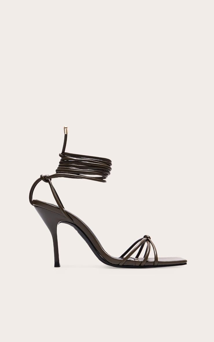 Wide Fit Olive PU Square Toe Lace Up High Stiletto Heeled Sandals Product Image