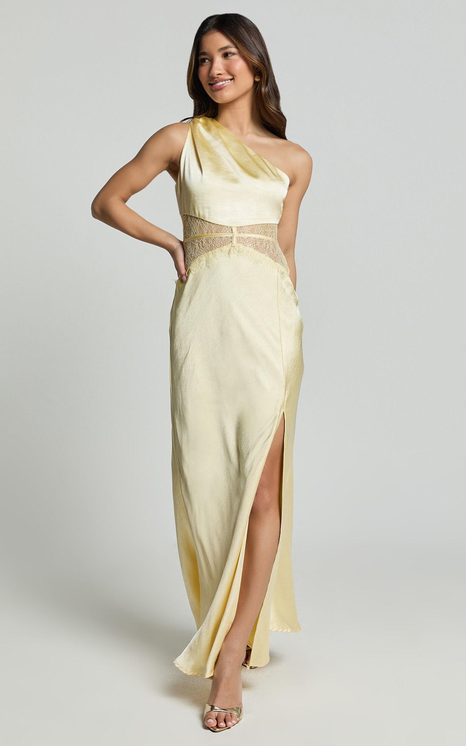 Estella Midi Dress - Asymmetrical Lace Detail Waist Slip Dress in Butter Product Image