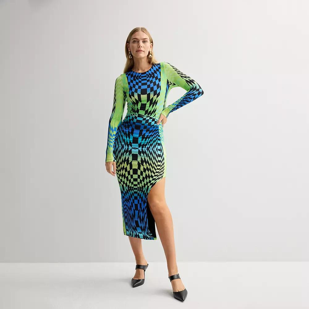 Women's INTEMPO Long Sleeve Bodycon Dress, Size: Medium, Checker Print Product Image