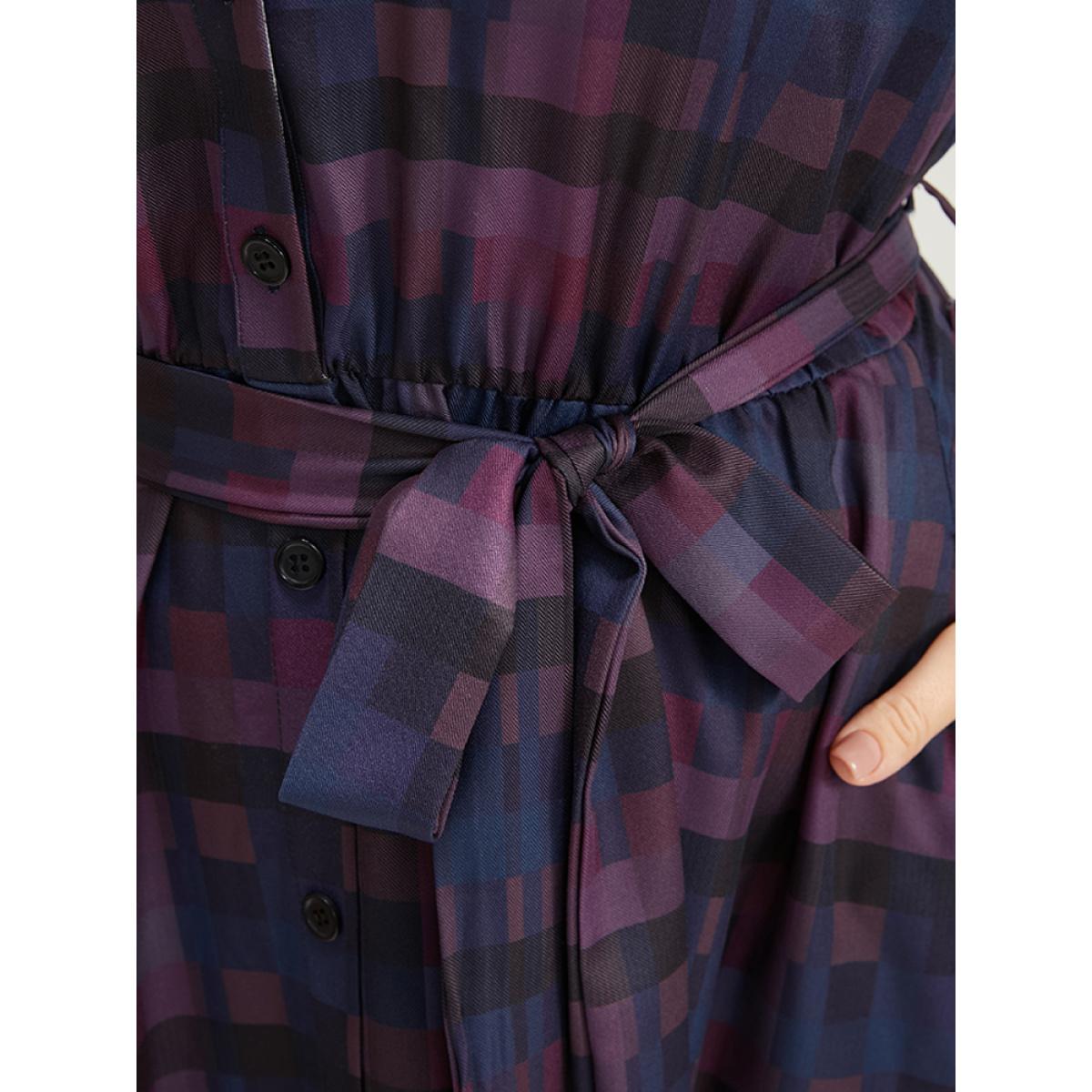Plus Size Plaid Contrast Button Up Pocket Lantern Sleeve Belted Dress Multicolor Women Elegant Button V-neck Long Sleeve Curvy Midi Dress BloomChic 22-24/3X Product Image