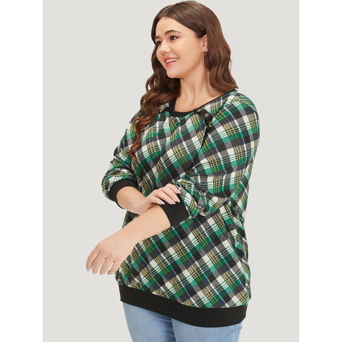 Plus Size Plaid Button Detail Elastic Cuffs Crew Neck Sweatshirt Women Green Casual Elastic cuffs Round Neck Dailywear Sweatshirts BloomChic 26/4X Product Image