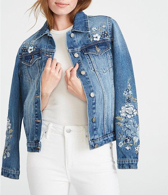 Driftwood X Bluebell Fleur Embroidered Point Collar Long Sleeve Denim Statement Jacket Product Image