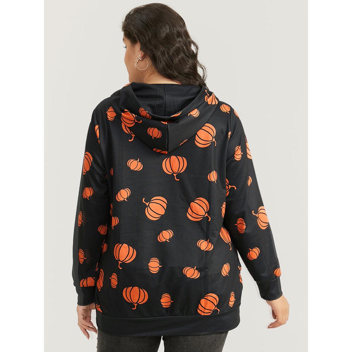 Plus Size Pumpkin Print Hooded Sweatshirt Women Black Casual Elastic cuffs Hooded Festival-Halloween Sweatshirts BloomChic 10/M Product Image