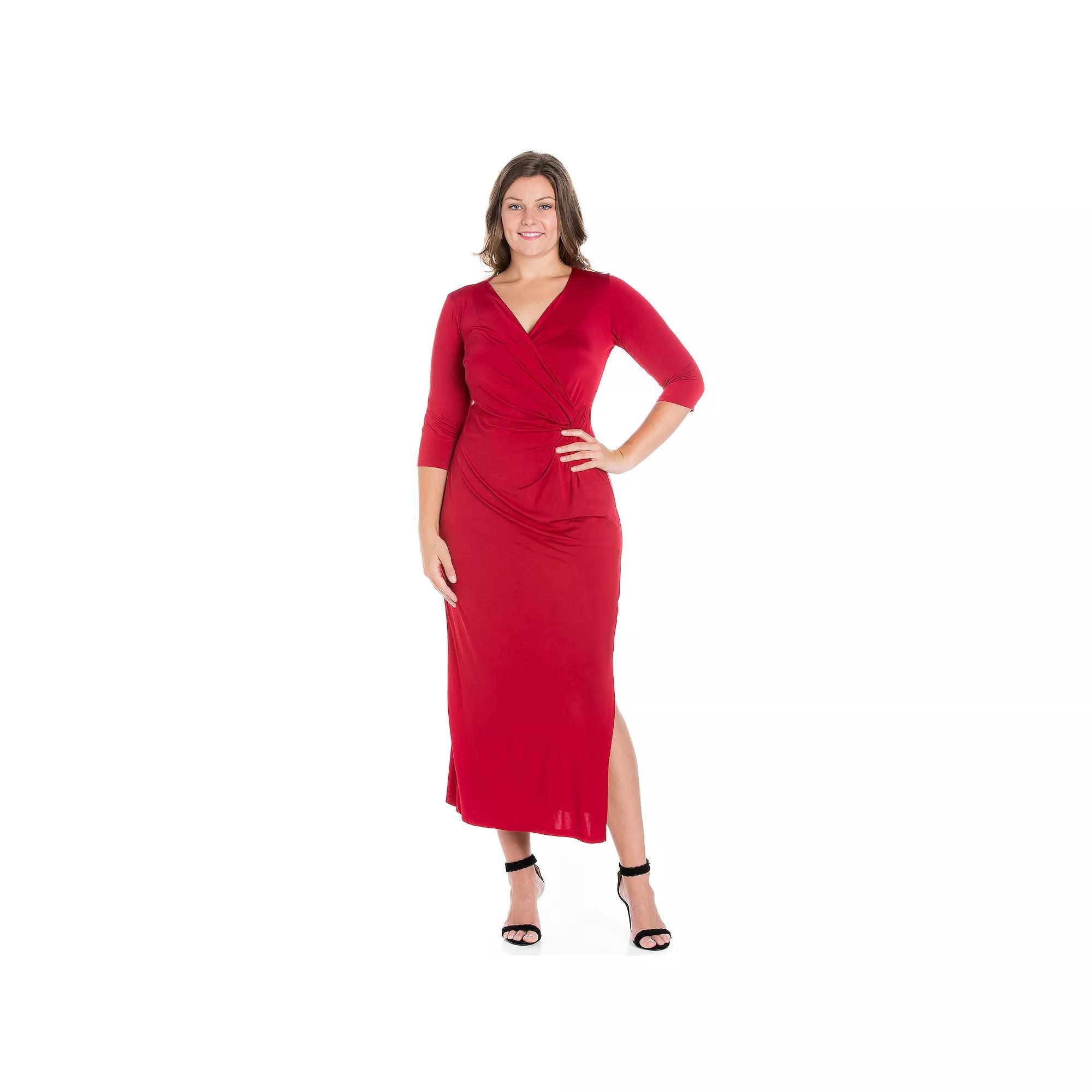 Plus Size 24seven Comfort Apparel Fitted V-Neck Side Slit Maxi Dress, Women's, Size: 3XL, Red Product Image