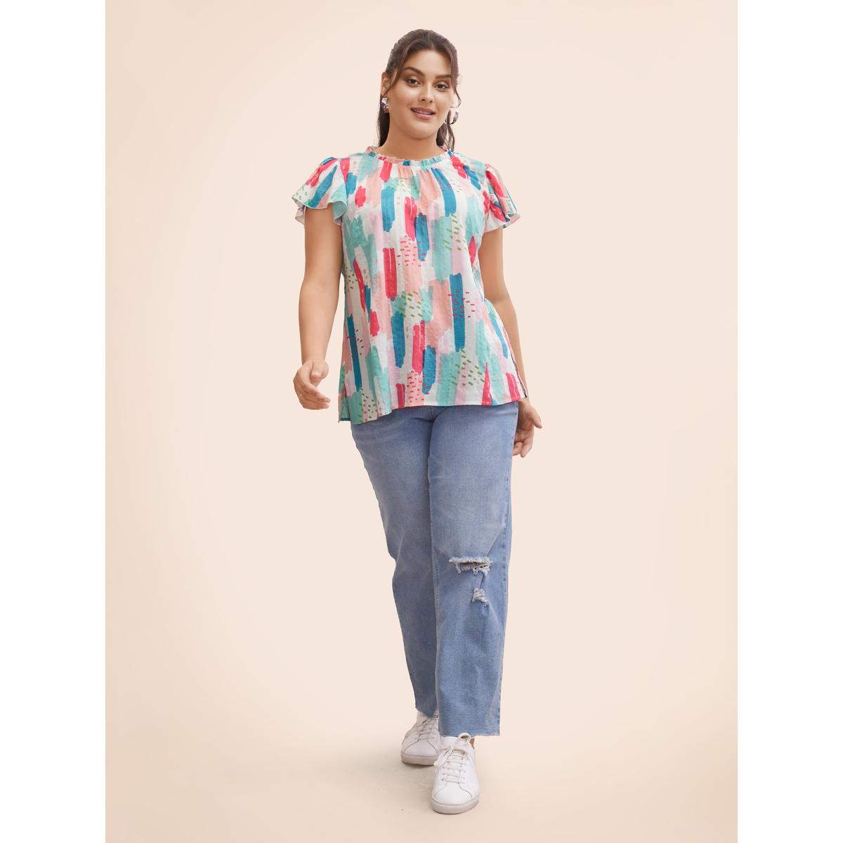 Plus Size Originalwhite Brush Print Split Side Cap Sleeve Blouse Women Elegant Cap Sleeve Stand-up collar Everyday Blouses BloomChic 18-20/2X Product Image