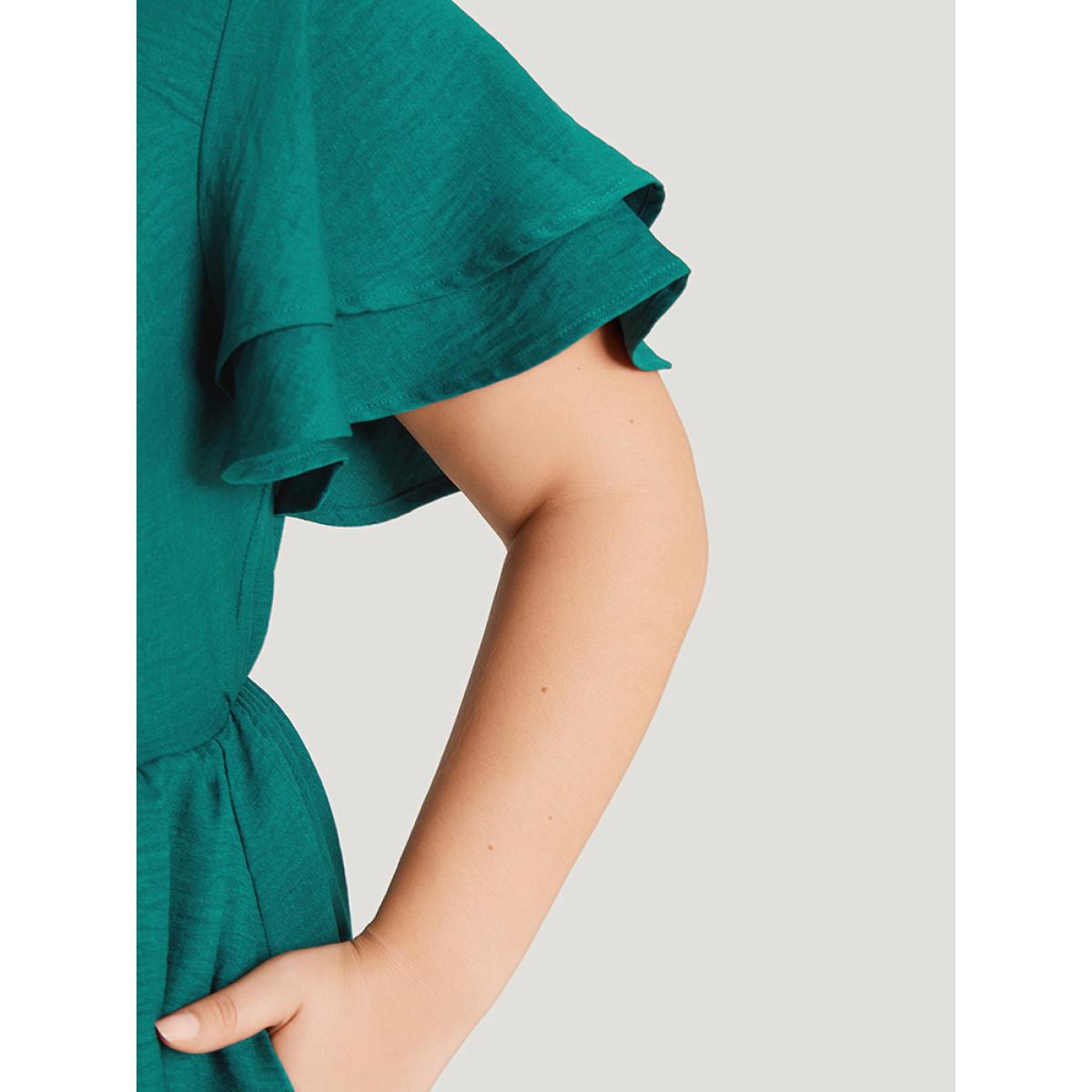 Plus Size Solid Drawstring Pocket Ruffle Trim Layered Dress Teal Women Elegant Gathered V-neck Short sleeve Curvy Midi Dress BloomChic 22-24/3X Product Image