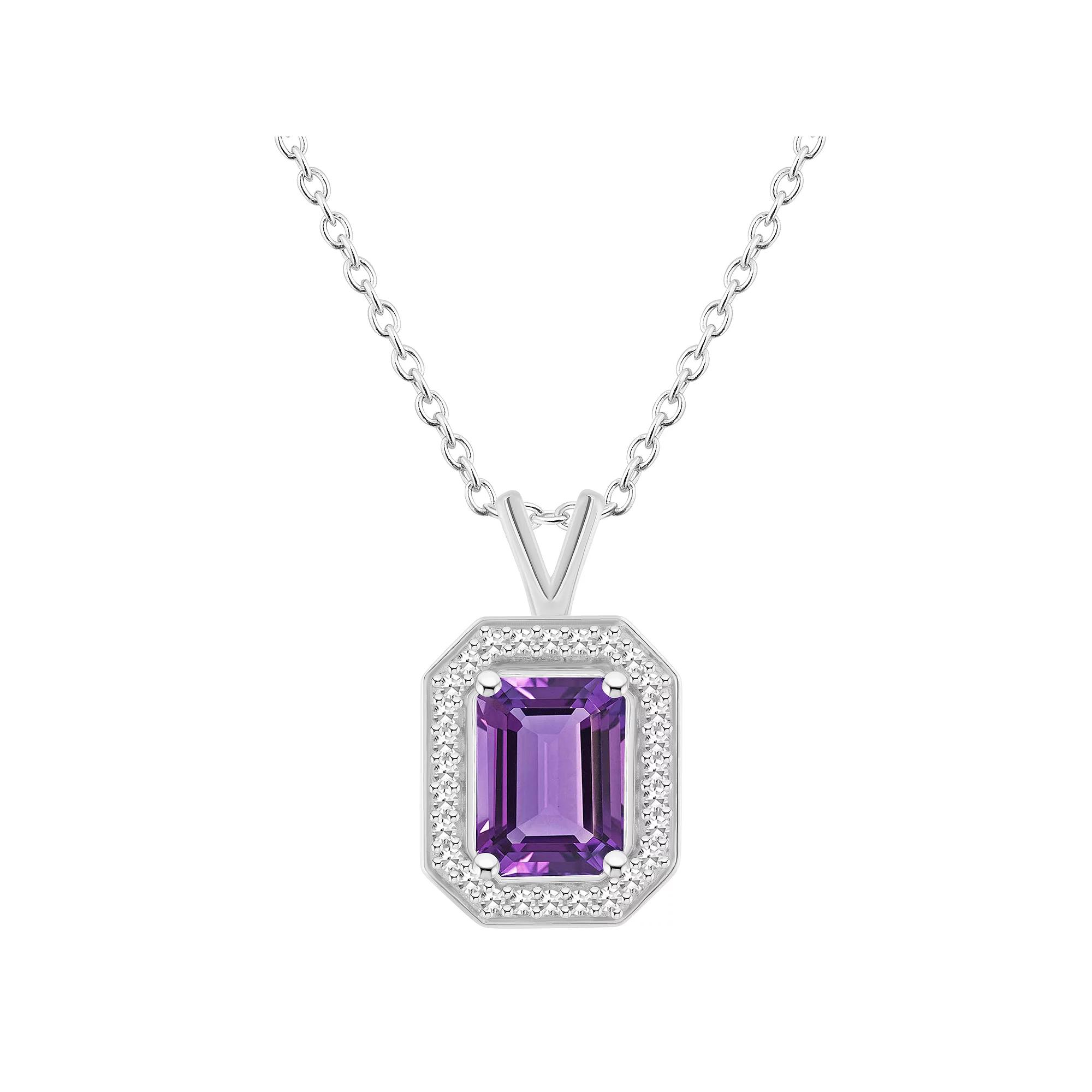 Celebration Gems Sterling Silver Emerald Cut Gemstone & 1/8 Carat T.W. Diamond Halo Pendant Necklace, Women's, Size: 18", Purple Product Image