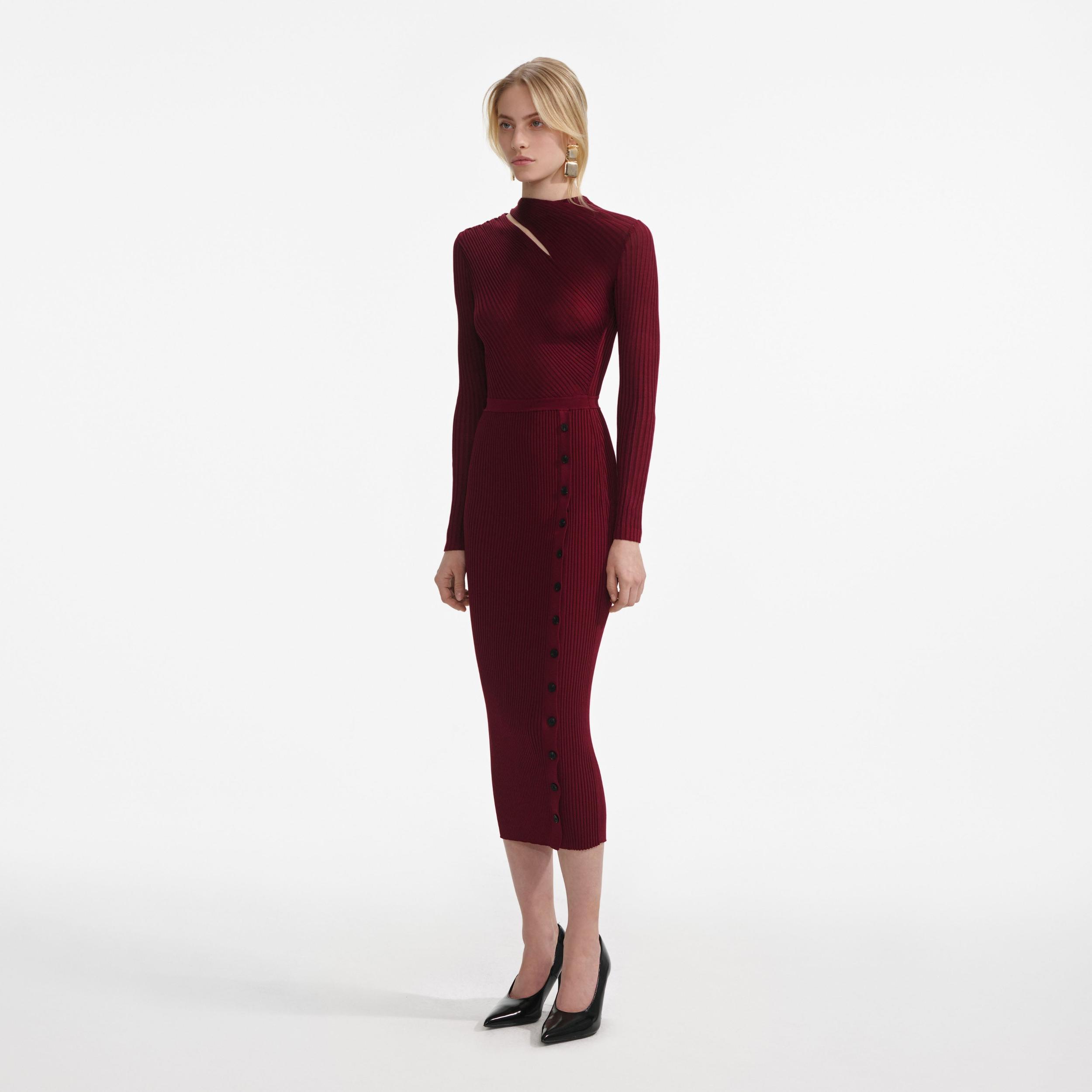 Burgundy Cut Out Rib Knit Midi Dress Product Image
