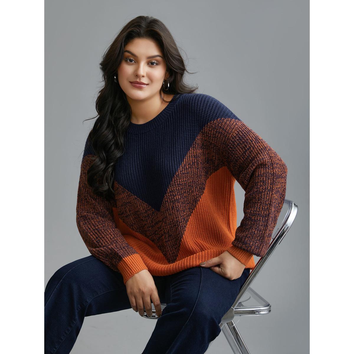 Plus Size Textured Balloon Sleeves Color Block Pullover Indigo Women Casual Loose Long Sleeve Round Neck Everyday Pullovers BloomChic 30/6X Product Image