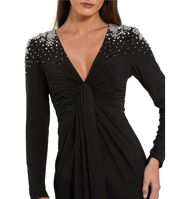 Mac Duggal V-Neck Twist Front Beaded Shoulder Jersey Gown Product Image