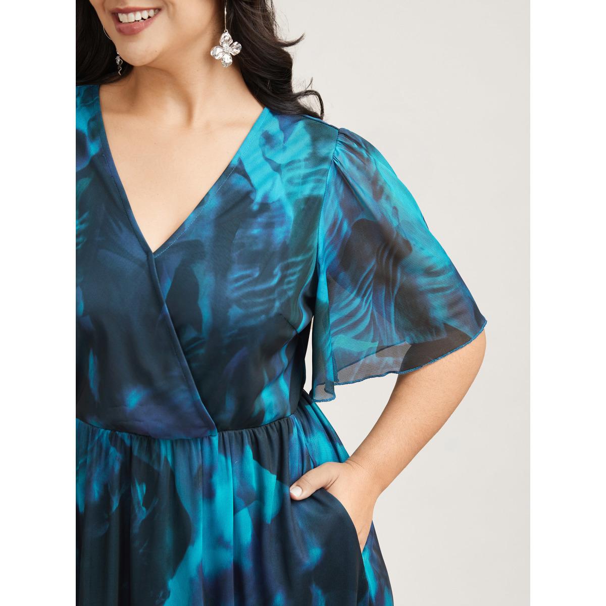 Plus Size Floral Fusion Wrap Neck Midi Dress Mediumblue Women Elegant Gathered Overlap Collar Short sleeve Curvy BloomChic 26/4X Product Image