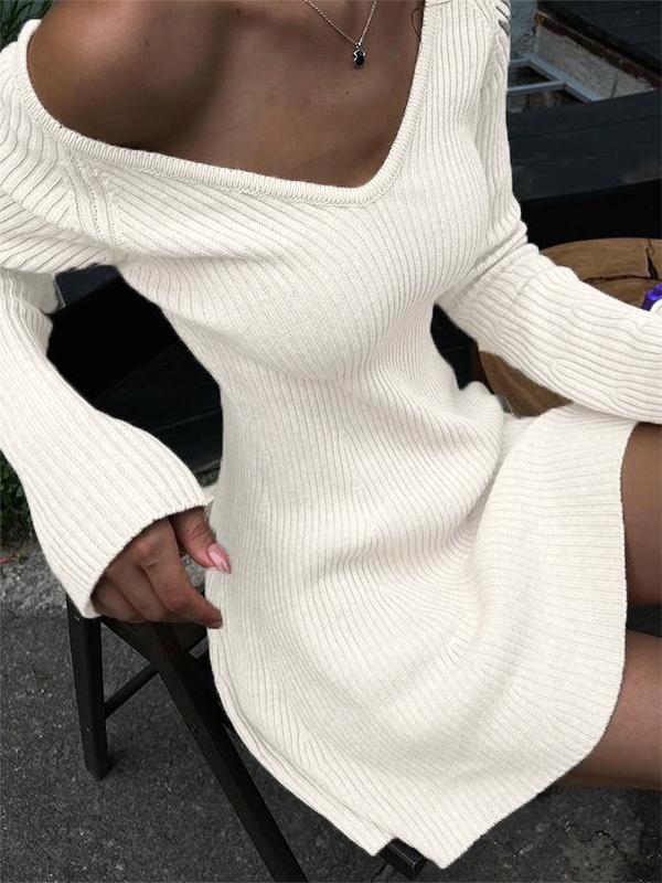 Solid V Neck Ribbed A-line Knit Mini Dress Product Image
