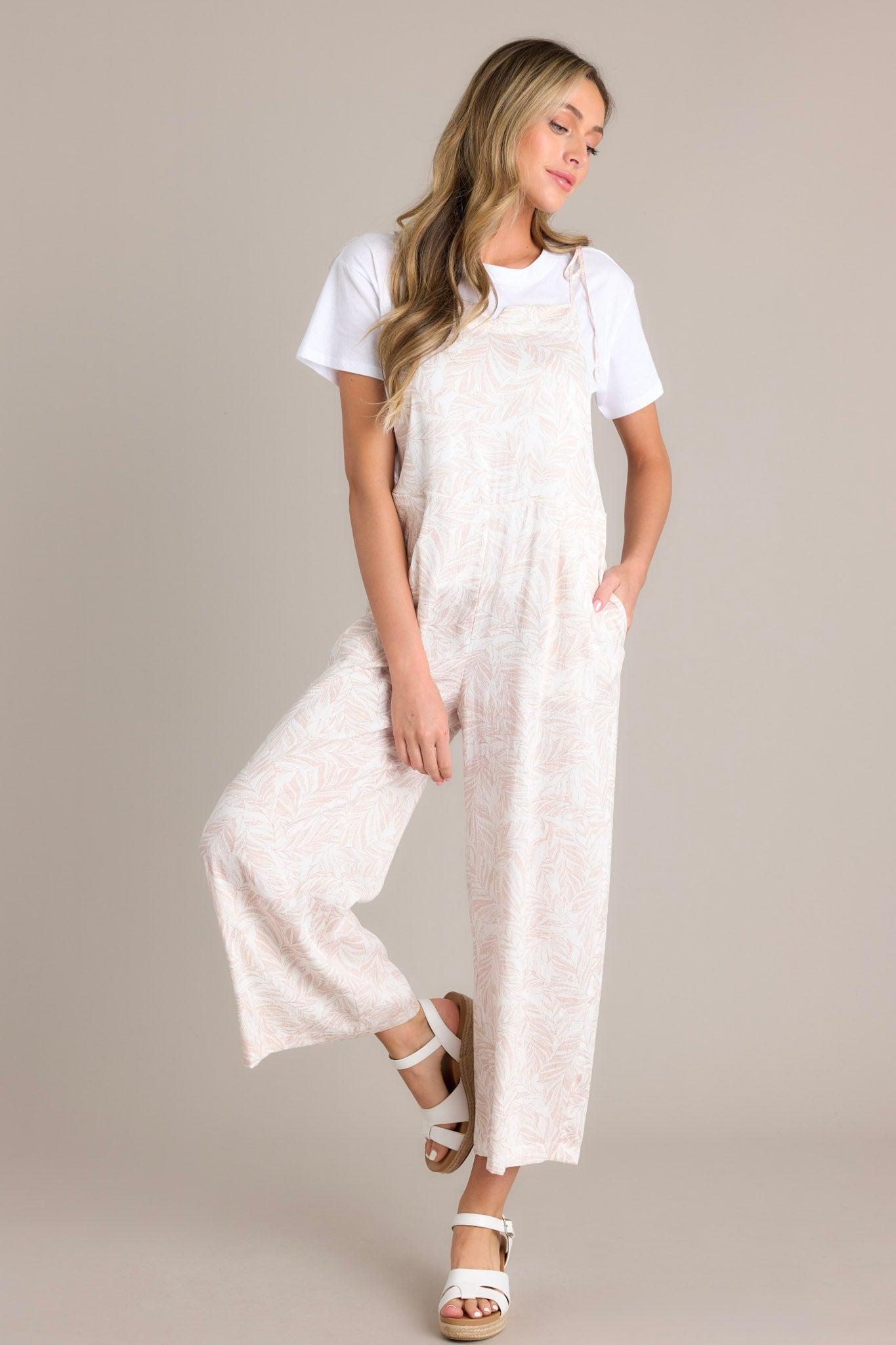 Palm Escape Natural Tropical Print Overalls Product Image