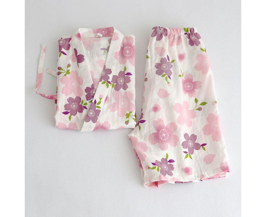 Pajama Set: Elbow-Sleeve Print Kimono Top + Lounge Shorts Product Image