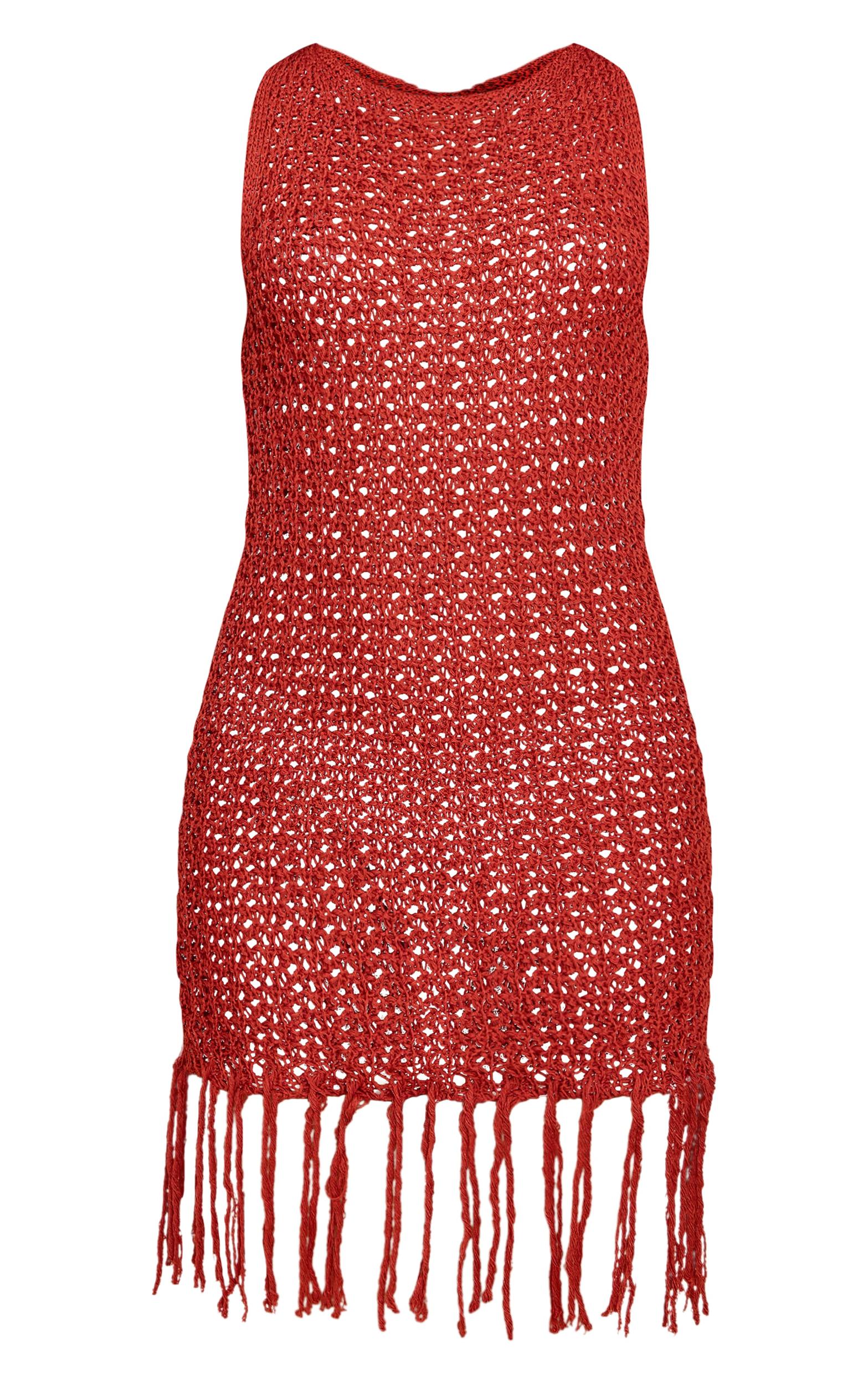 Rust Crochet Boat Neck Tassel Mini Dress Product Image
