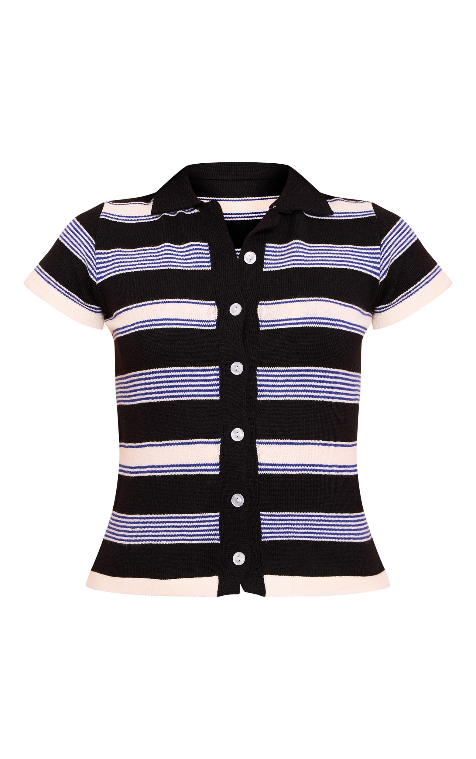 Navy Stripe Knit Polo Top Product Image