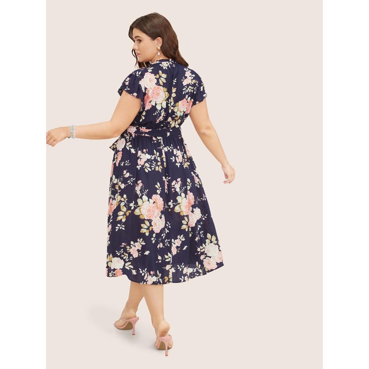 Plus Size Floral Frill Trim Mock Neck Pocket Ruffle Belted Cap Sleeve Dress DarkBlue Women Romantic Non Round Neck Short sleeve Curvy Midi Dress BloomChic 12/L Product Image