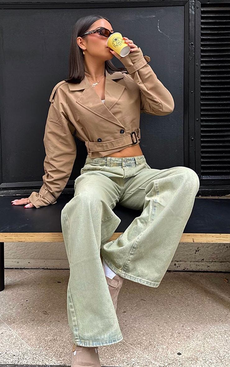 Taupe Belted Cropped Trench Coat Product Image