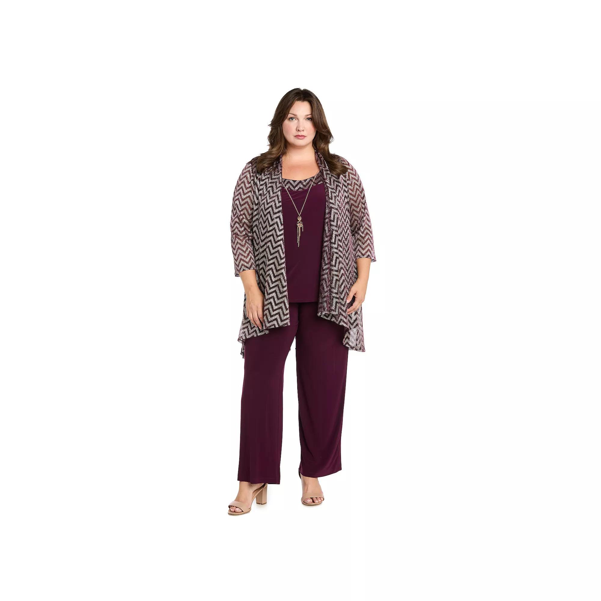 Plus Size R&M Richards Metallic Duster, Tank Top, Pants & Necklace Set, Women's, Size: 16 W, Plum Gold Product Image