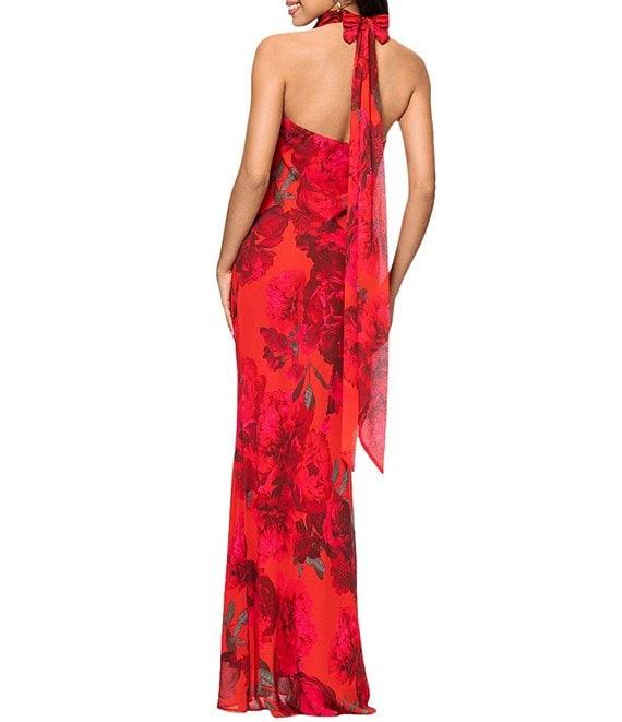 Betsy & Adam Chiffon Floral Print Halter Cowl Neck Sleeveless Sheath Gown Product Image