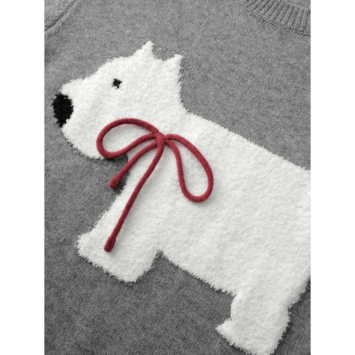 Plus Size Puppy Bowknot Motif Textured Pullover Mediumgray Women Playful Loose Long Sleeve Round Neck Casual Pullovers BloomChic 12/L Product Image