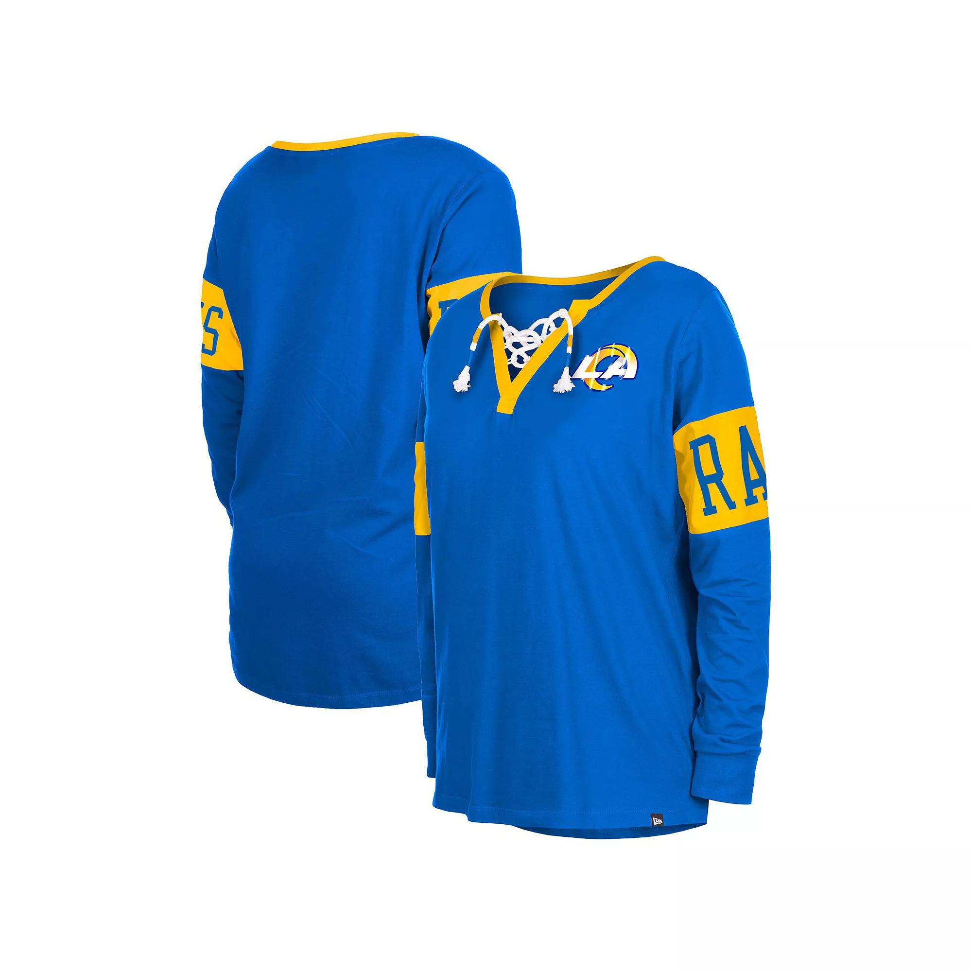 Women's New Era Royal Los Angeles Rams Lace-Up Notch Neck Long Sleeve T-Shirt, Size: Medium, Blue Product Image
