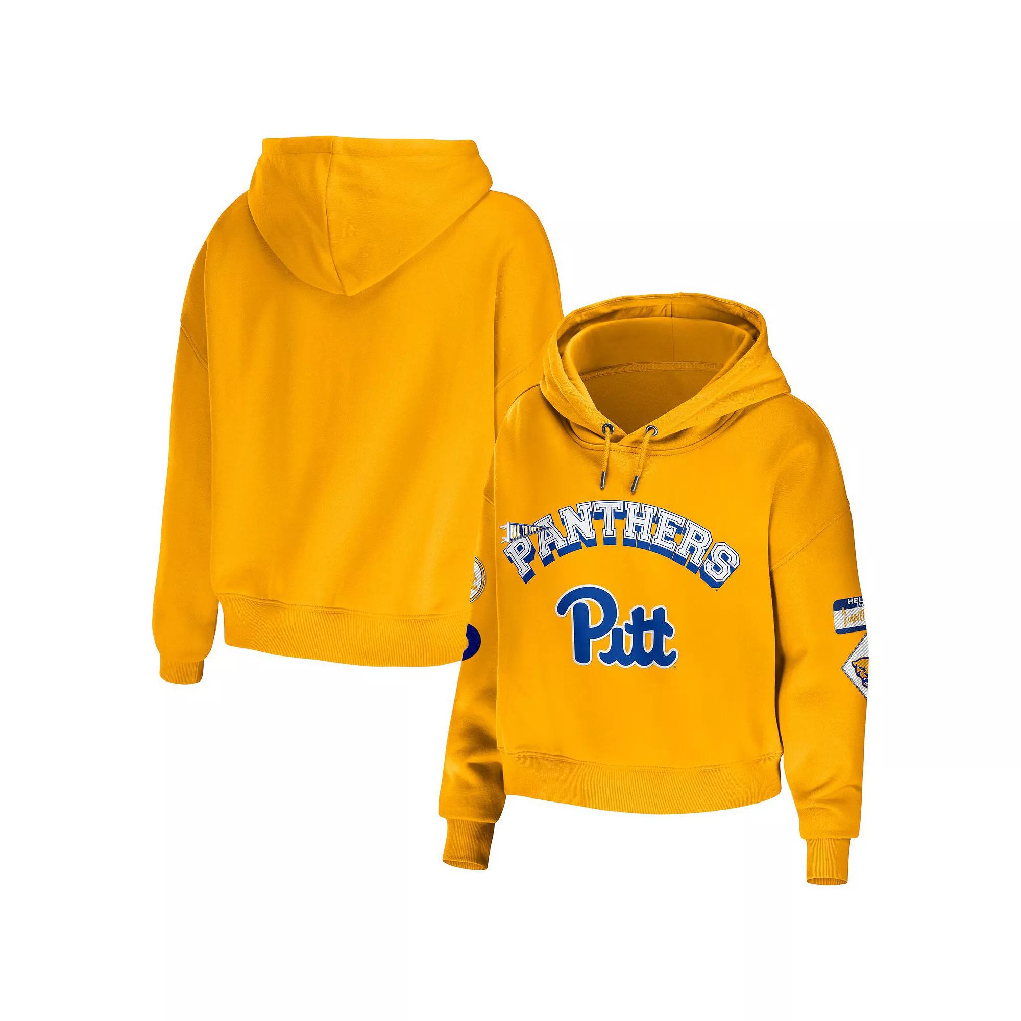 Women's WEAR by Erin Andrews Gold Pitt Panthers Mixed Media Cropped Pullover Hoodie,  Product Image