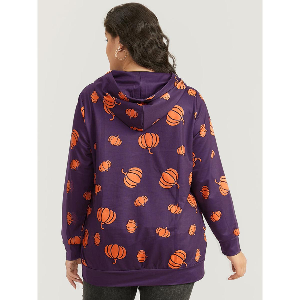 Plus Size Pumpkin Print Hooded Sweatshirt Women Eggplant Casual Elastic cuffs Hooded Festival-Halloween Sweatshirts BloomChic 26/4X Product Image