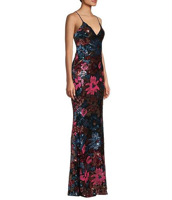 Midnight Doll Floral Sequin V-Neck Lace-Up Back Long Dress Product Image