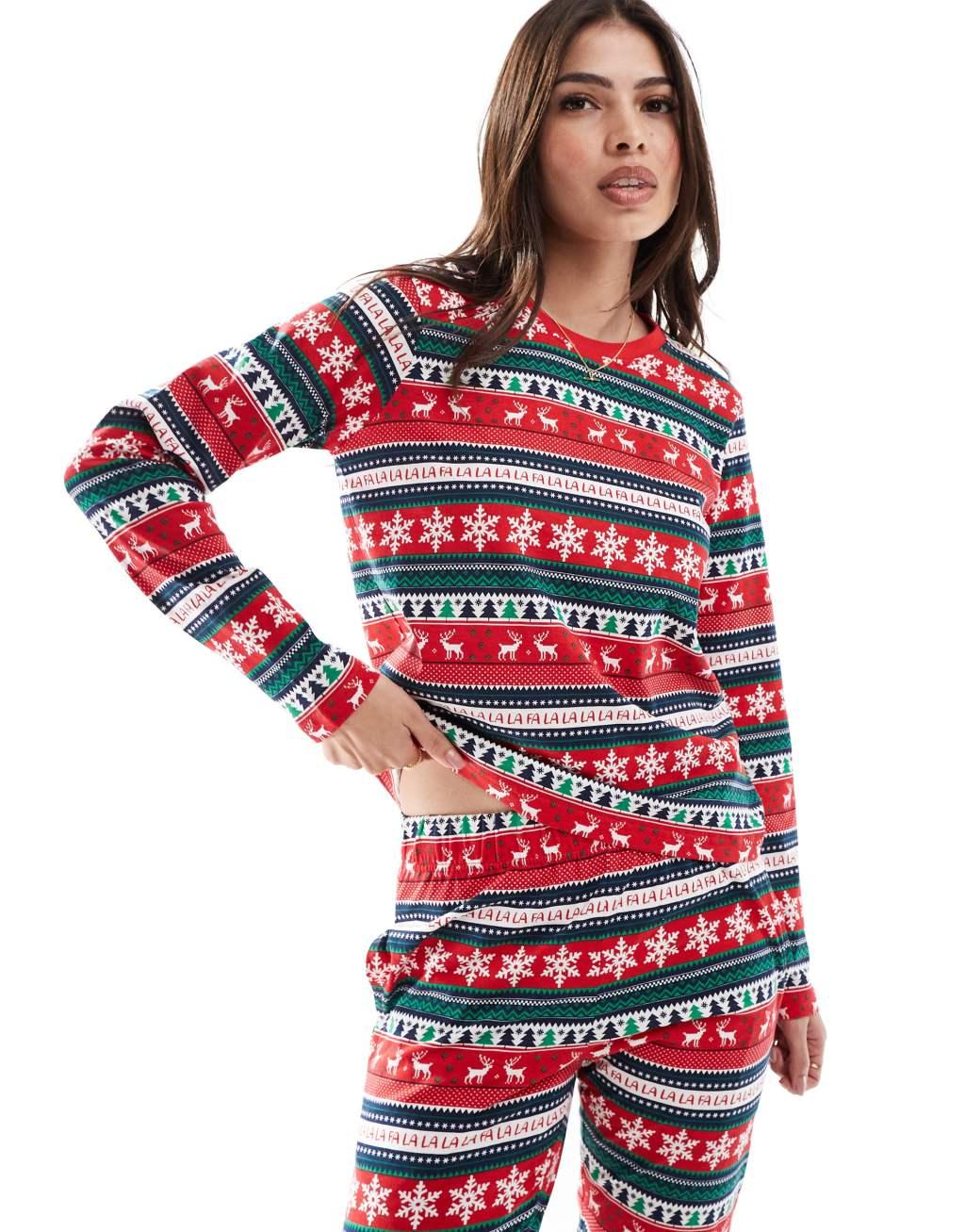 Threadbare Christmas fairisle print long pajama set in red Product Image