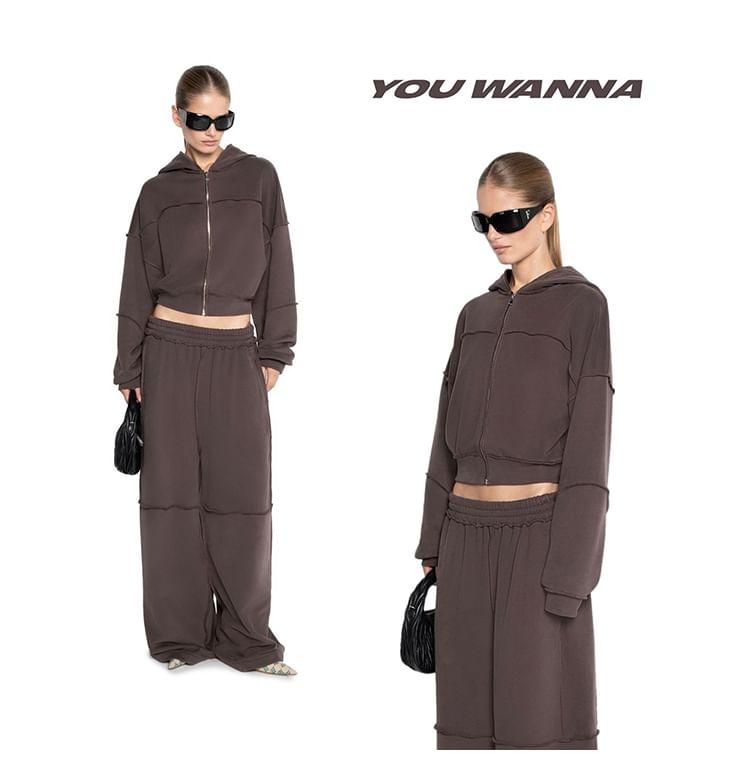 Set: Plain Zip-Up Hoodie + Wide Leg Sweatpants Product Image