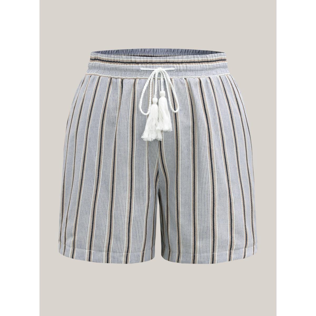 Plus Size Stripes Tassels Straight-Leg Shorts Women LightBlue Resort Drawstring Straight Leg Vacation Shorts BloomChic 30/6X Product Image