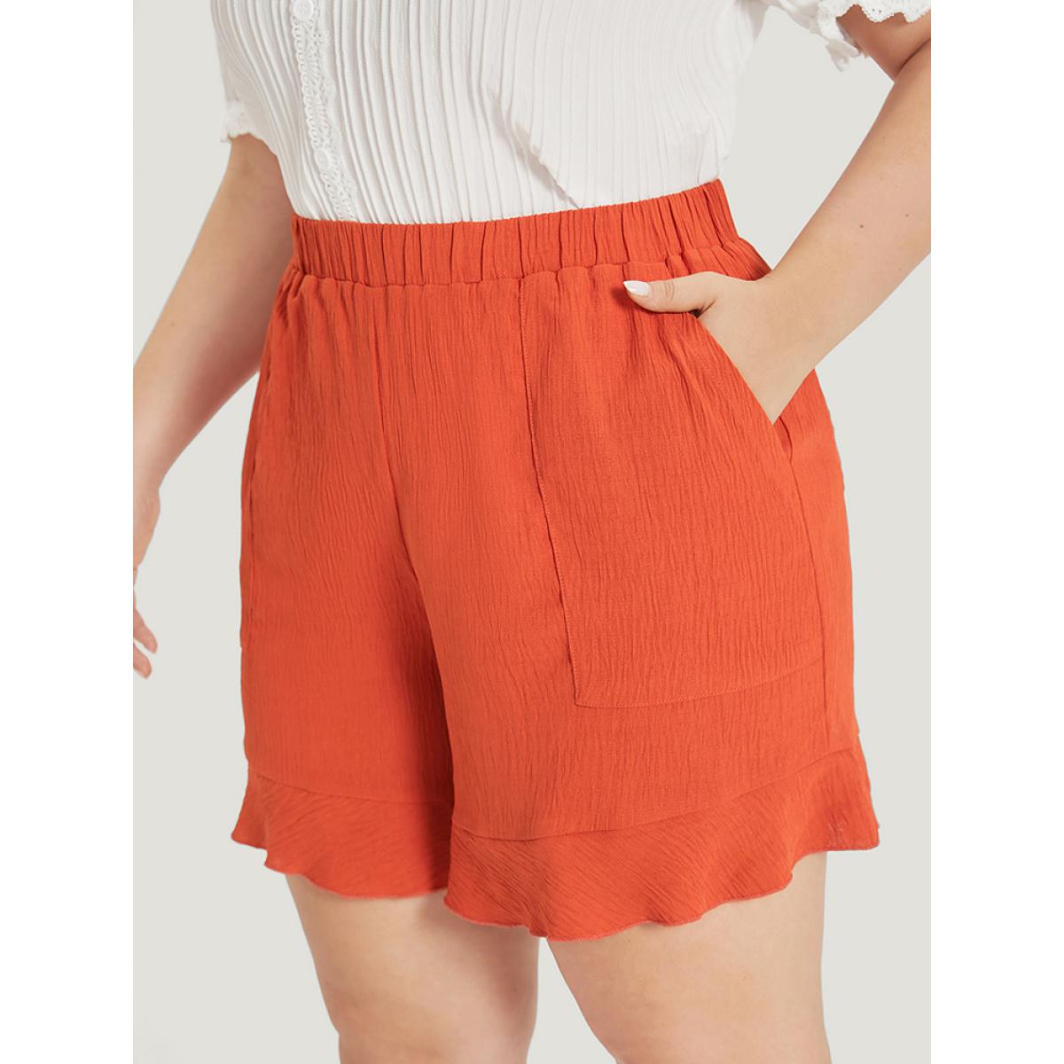 Plus Size Plain Ruffle Hem Pocket Elastic Waist Shorts Women Chocolate Elegant Ruffles Dailywear Shorts BloomChic 10/M Product Image