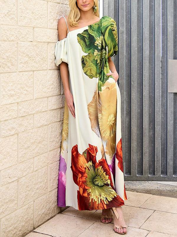 A-Line Loose Elasticity Flower Print One-Shoulder Maxi Dresses Product Image