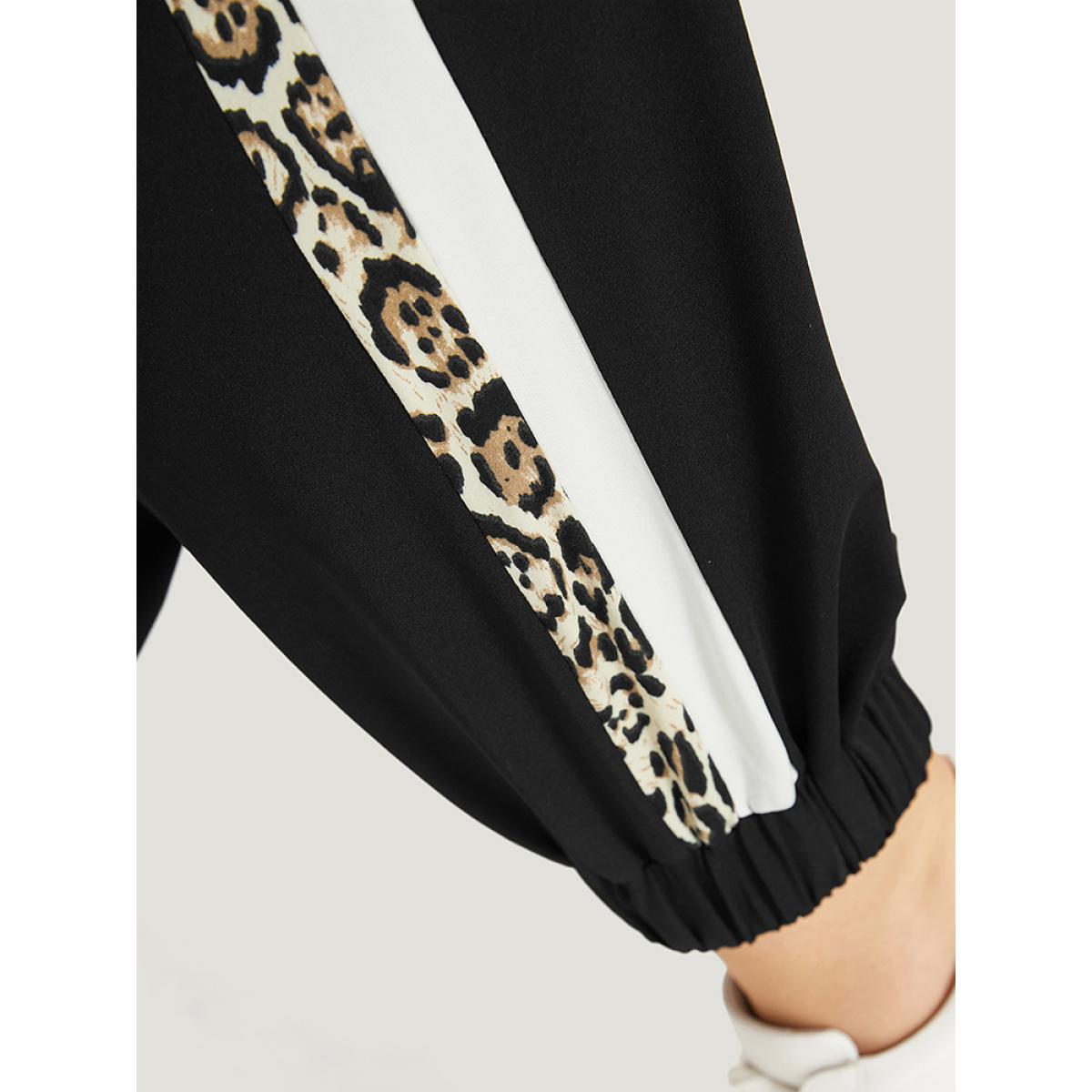 Patchwork Leopard Pocket Drawstring Elastic Waist Sweatpants Black Plus Size Women Casual Dailywear Patchwork 12/L Bloomchic Product Image