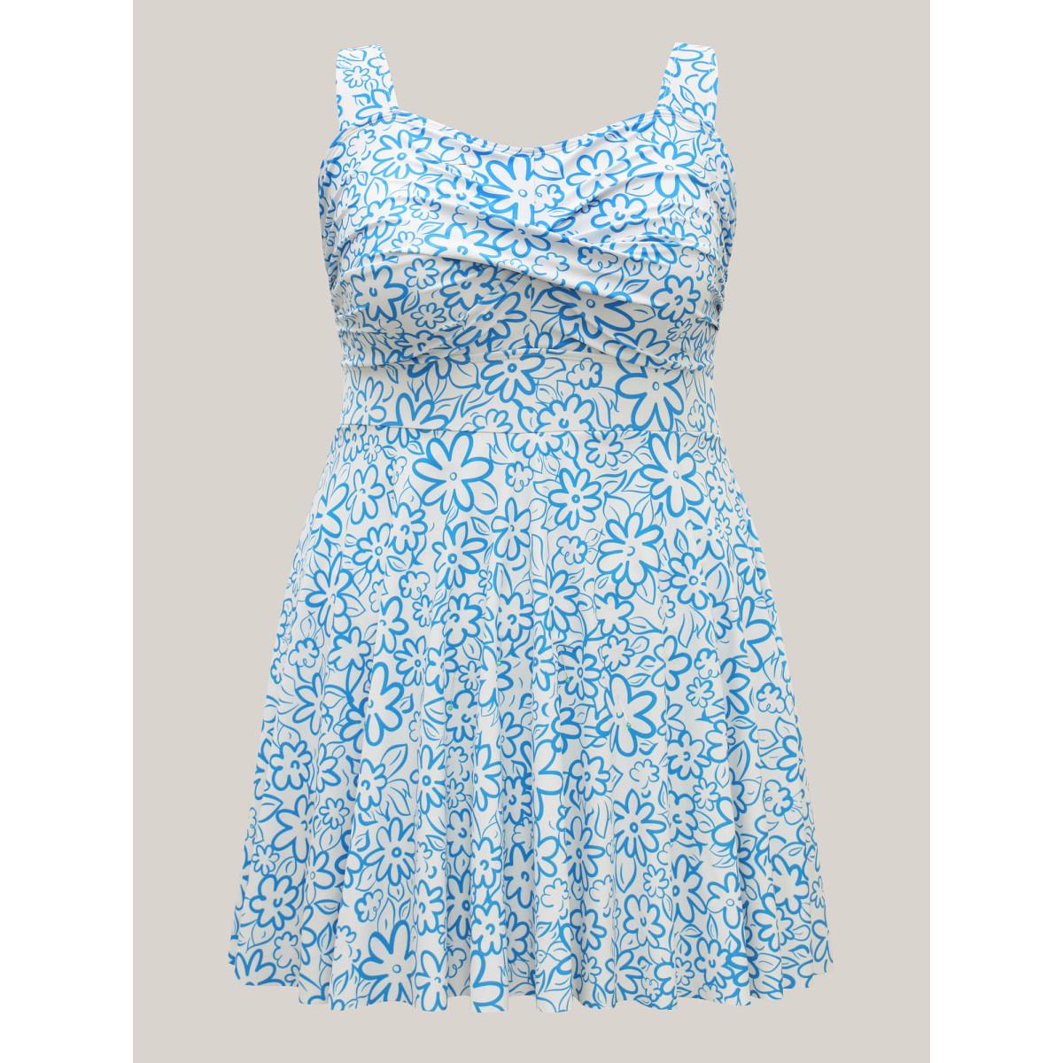 Plus Size Anti-Float Ties Twist Front Swim Dress Women's Swimwear Cerulean Beach Bodycon Heart neckline High stretch Curve Swim Dresses BloomChic 28/5X Product Image