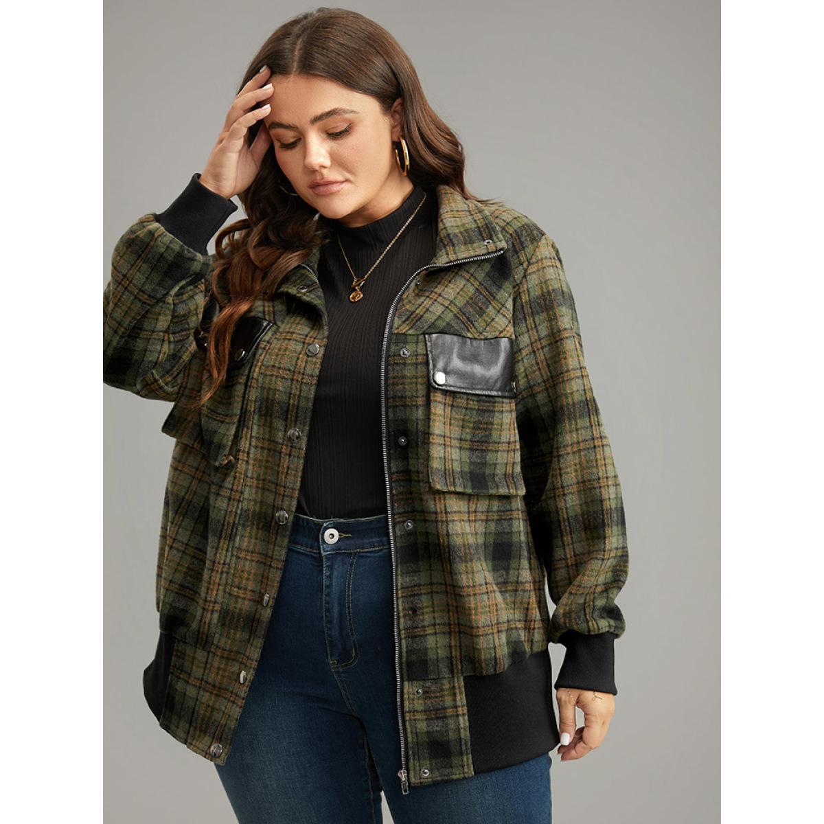 Plus Size Plaid Flap Pocket Zipper Fly Jacket Women Multicolor Elastic cuffs Pocket Dailywear Jackets BloomChic 12/L Product Image
