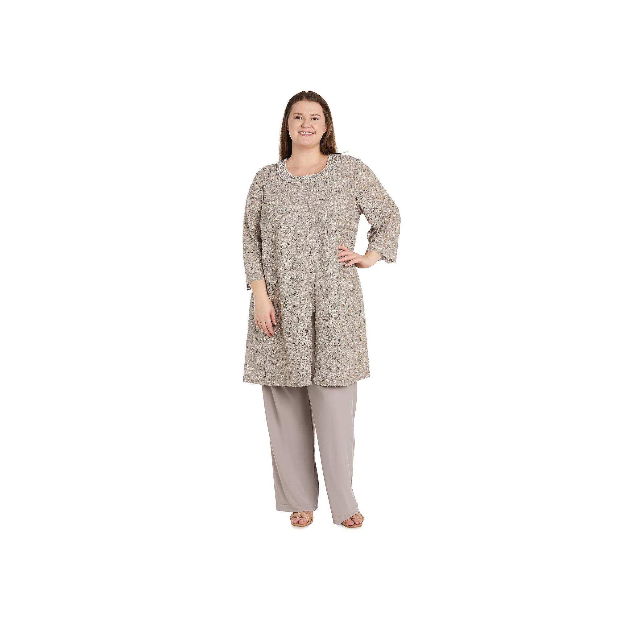 Plus Size R&M Richards 3-pc. Duster Pant Set with Scallop Edge Jacket Lace Tank Top & Jersey Pant, Women's, Size: 16 W, Brown Product Image