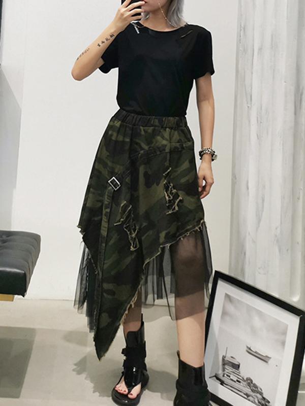 A-Line Loose Asymmetric Camouflage Elasticity Fringed Mesh Split-Joint Skirts Bottoms Product Image