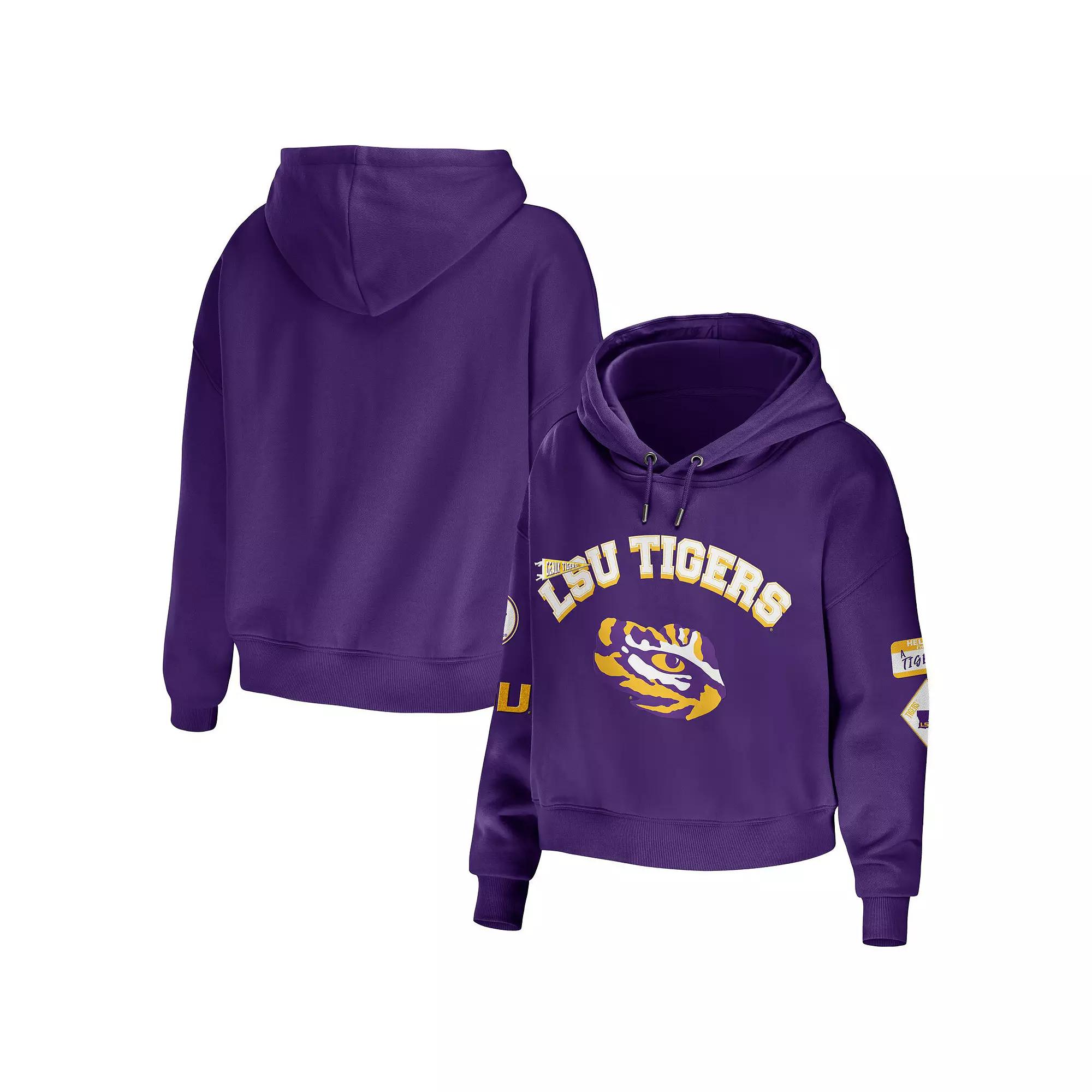 Women's WEAR by Erin Andrews Purple LSU Tigers Mixed Media Cropped Pullover Hoodie,  Product Image