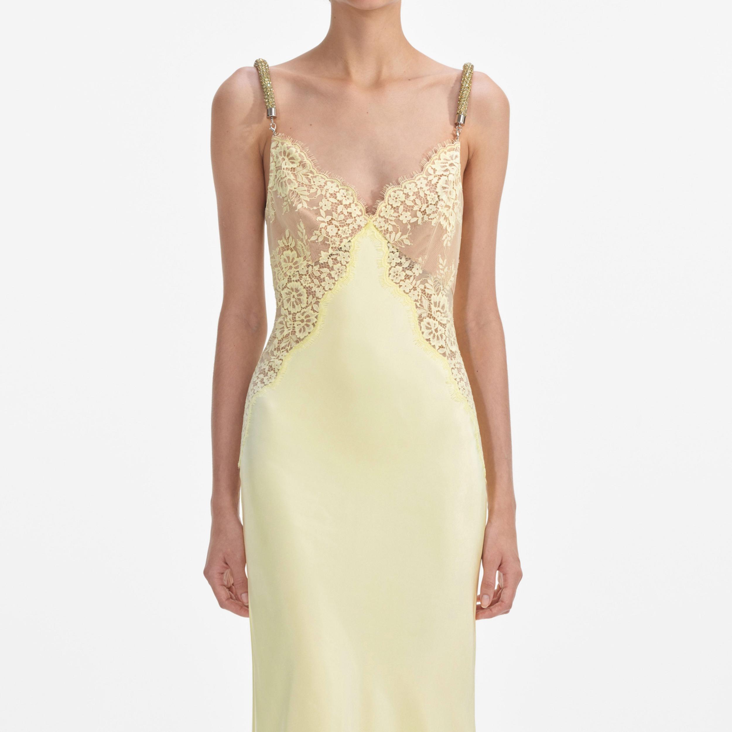 Yellow Lace Satin Maxi Dress Product Image