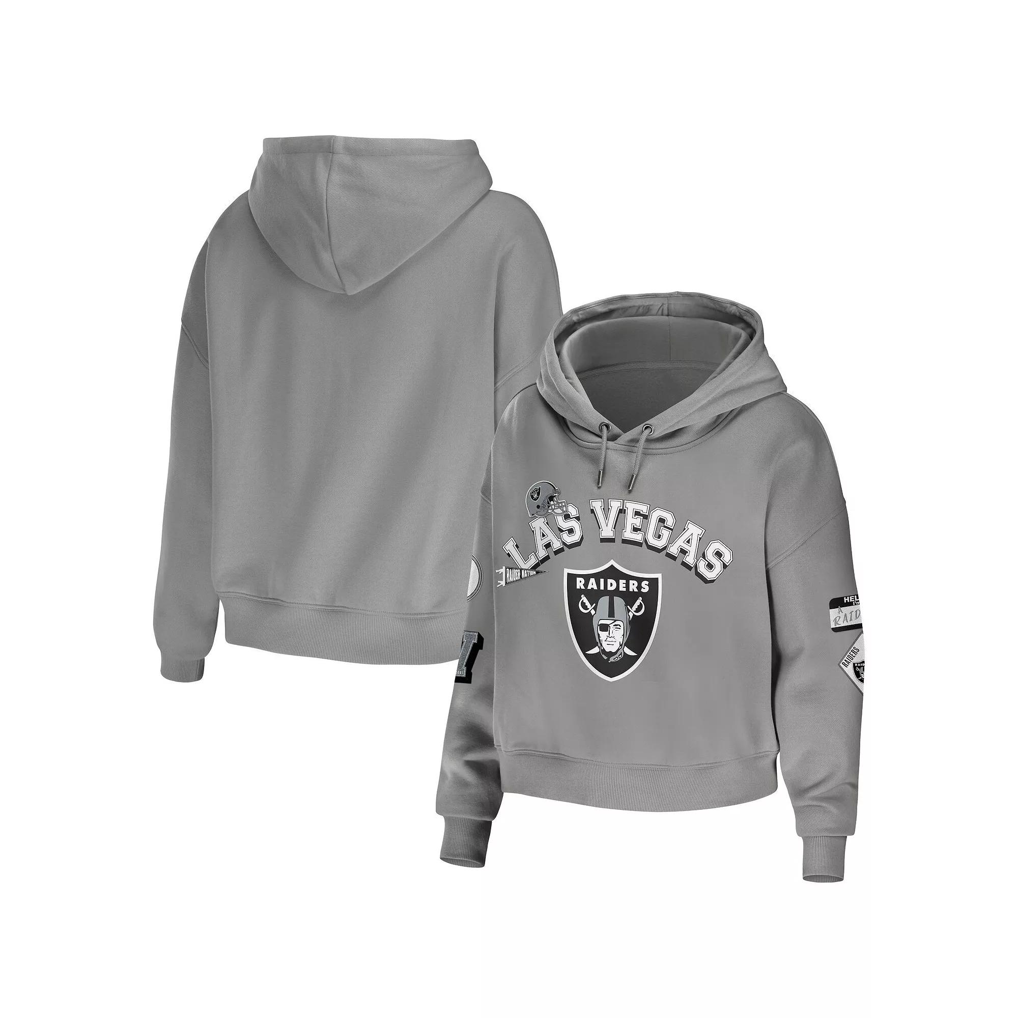 Women's WEAR by Erin Andrews Gray Las Vegas Raiders Modest Cropped Pullover Hoodie,  Product Image