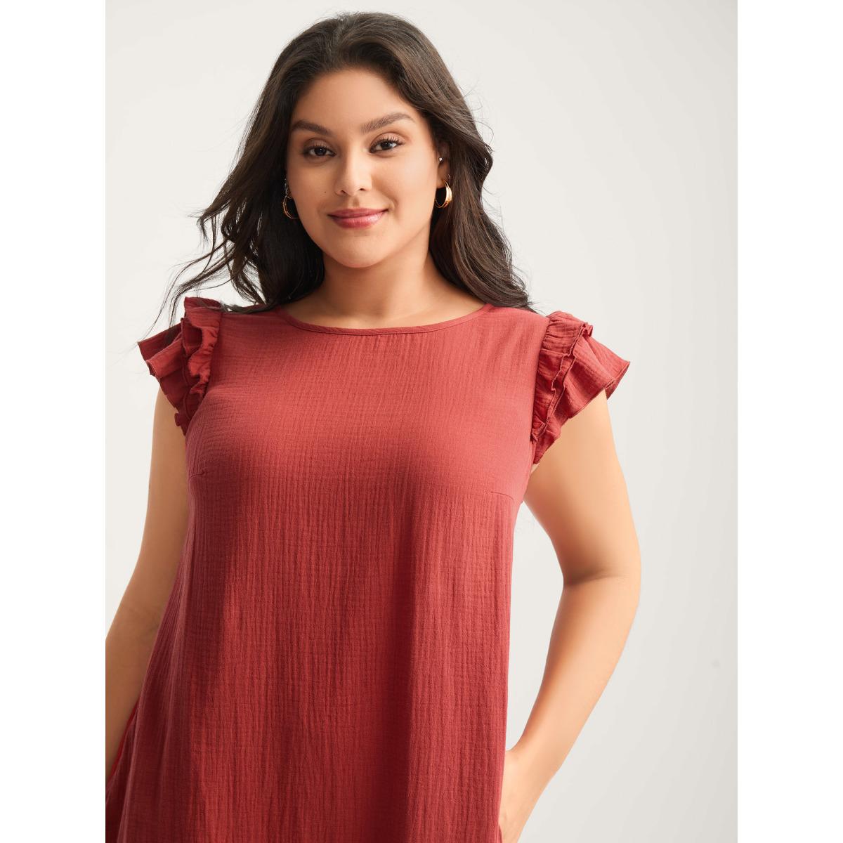 Plus Size Pure Cotton Textured Ruffled Midi Dress Rust Women Playful Round Neck Cap Sleeve Curvy BloomChic 22-24/3X Product Image