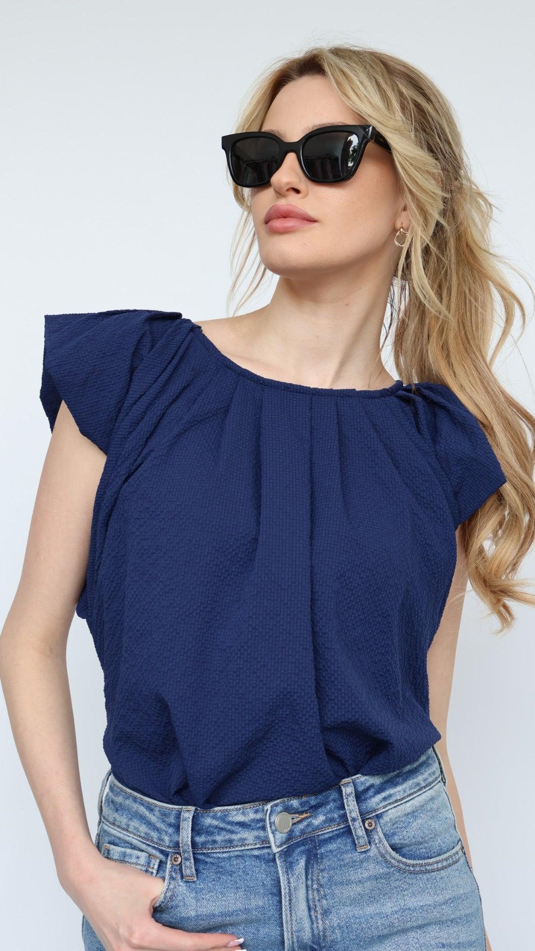 Ruffle Sleeve Pleat Neck Top Product Image
