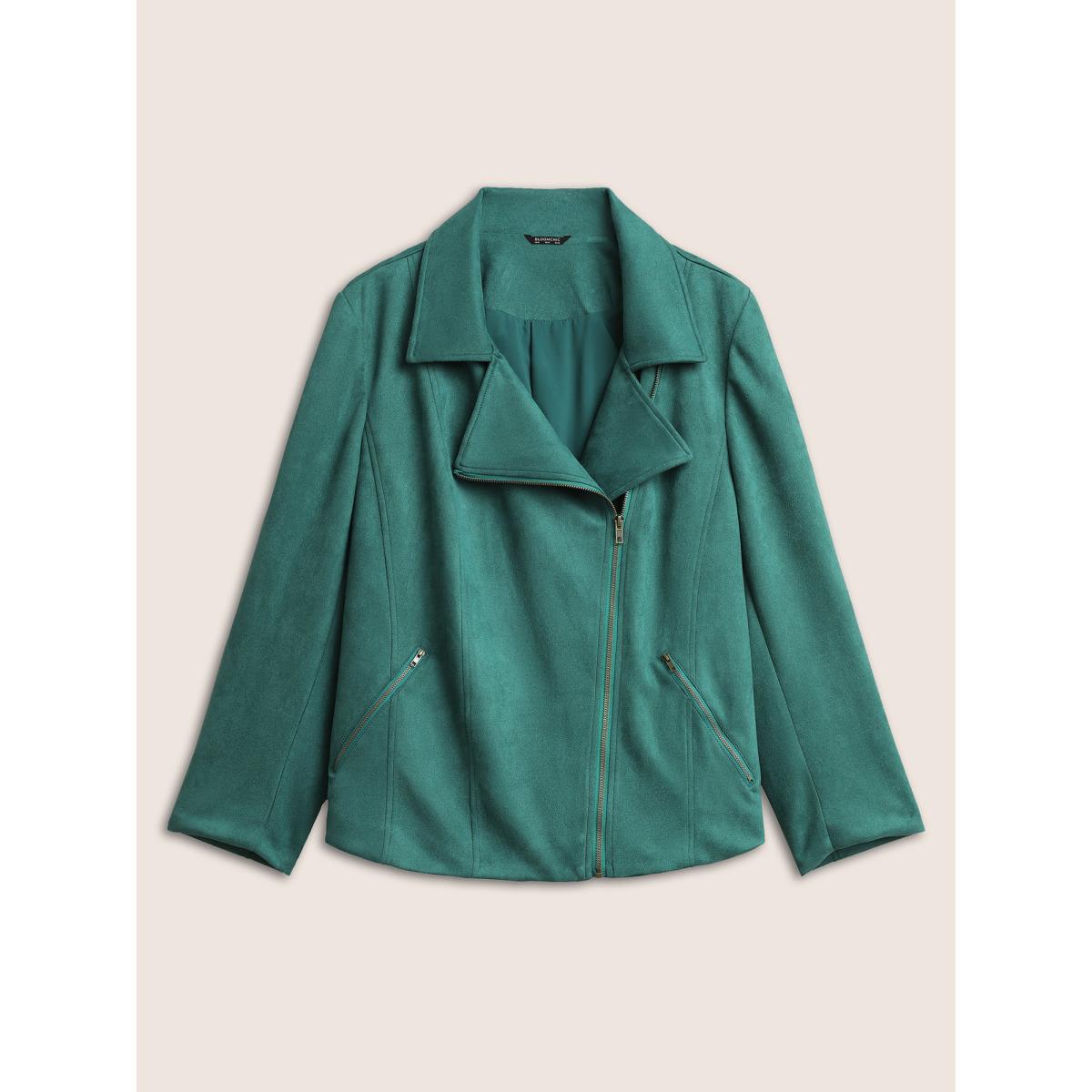 Plus Size Solid Faux Suede Zipper Lapel Collar Jacket Women Emerald Non Zippered pocket Everyday Jackets BloomChic 18-20/2X Product Image